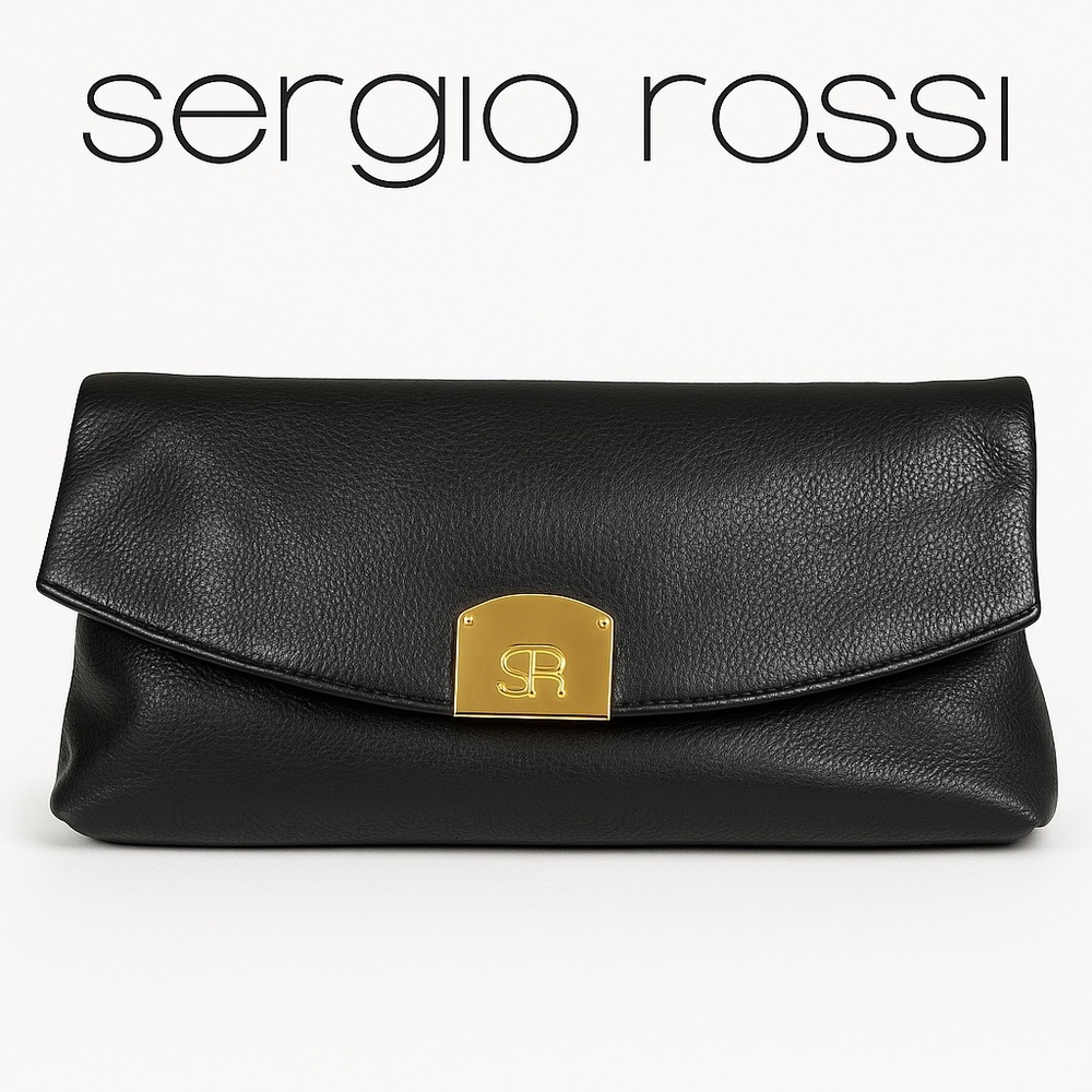 Sergio Rossi Leather Clutch Bag Black 🇮🇹 Made in Italy.